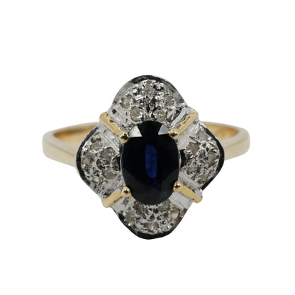 Late Art Deco Sapphire Diamond 14k Two Tone Quatrefoil Ring