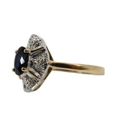 Late Art Deco Sapphire Diamond 14k Two Tone Quatrefoil Ring