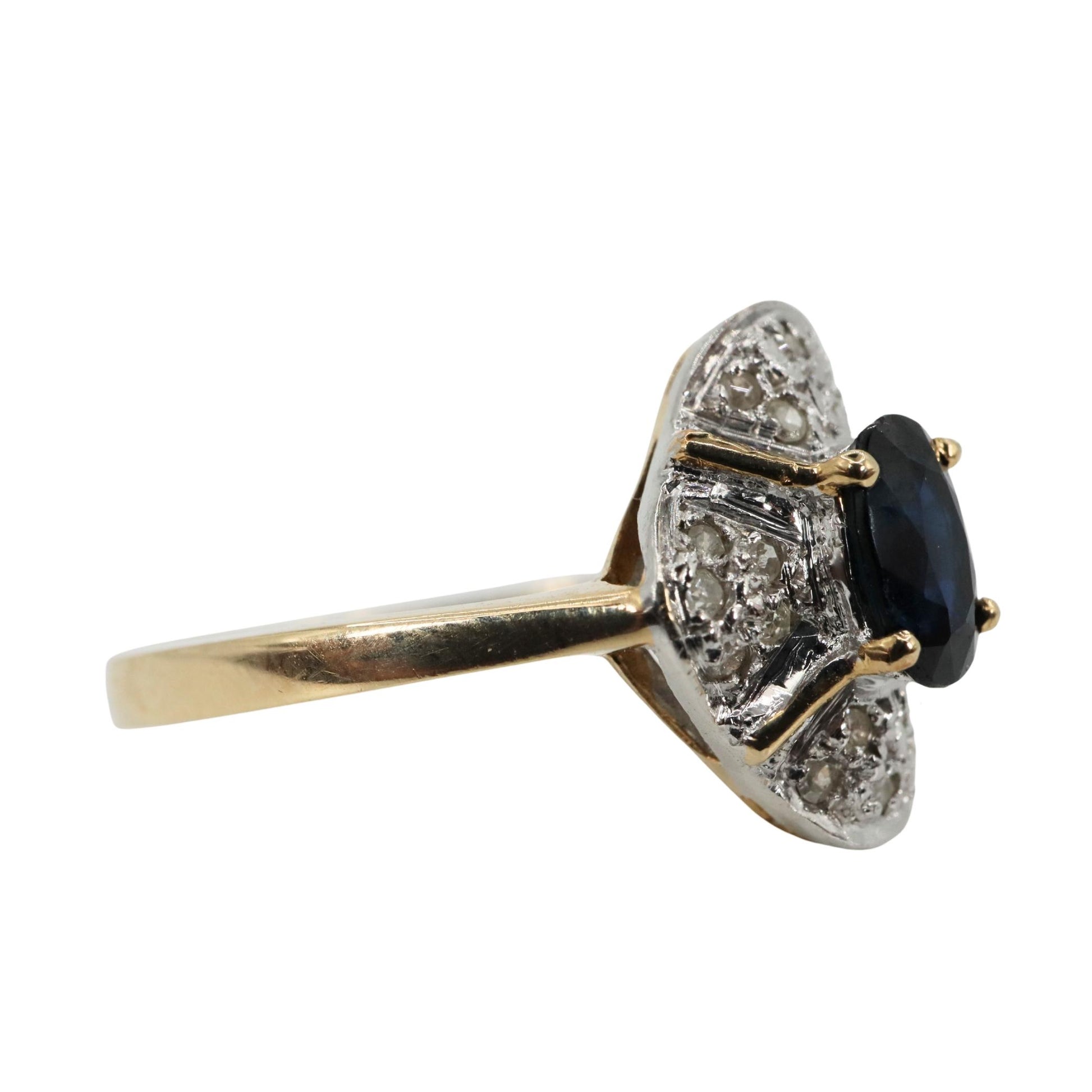 Late Art Deco Sapphire Diamond 14k Two Tone Quatrefoil Ring