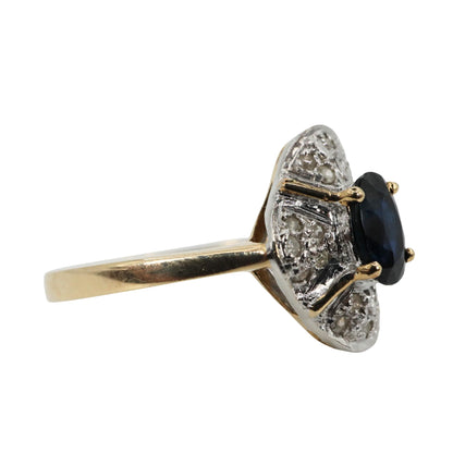 Late Art Deco Sapphire Diamond 14k Two Tone Quatrefoil Ring