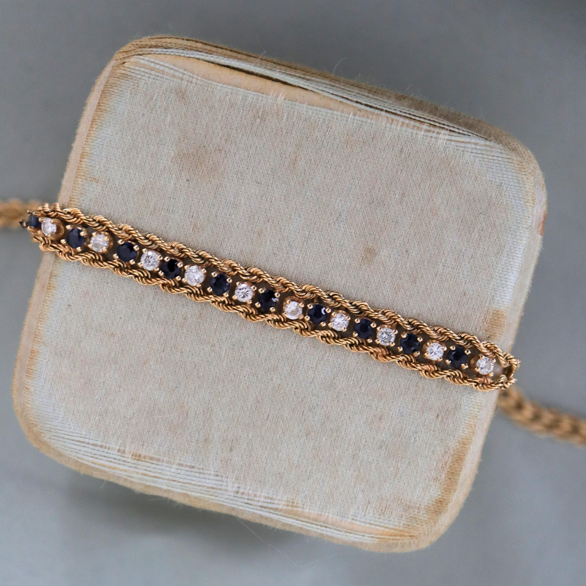 Vintage Diamond Sapphire 14k Yellow Gold Rope Bracelet