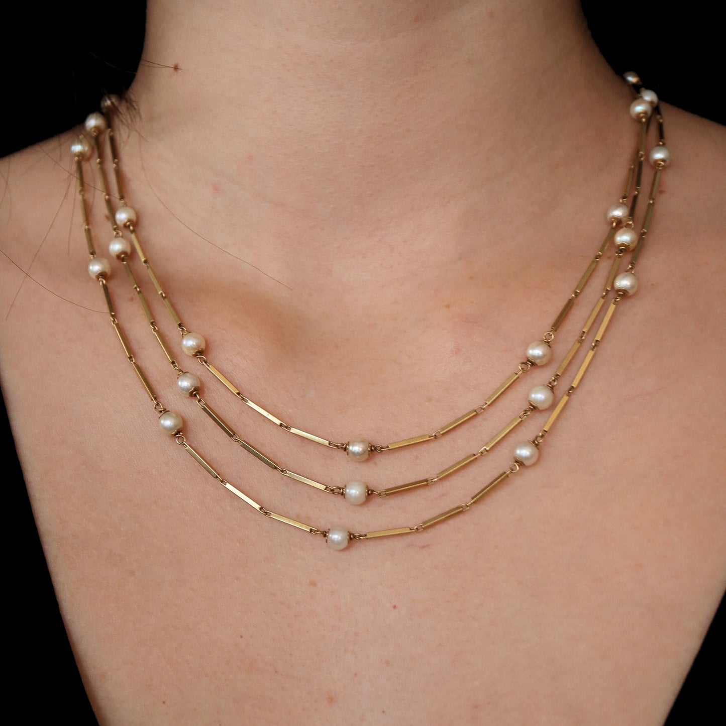 Mid-Century Italian Pearl 18k Yellow Gold Three Strand Necklace